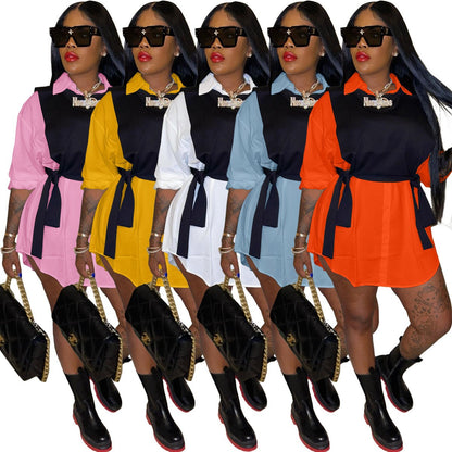 Women's Fashion Casual Shirt Dress Lace-up Vest Short Skirt Two-piece Set