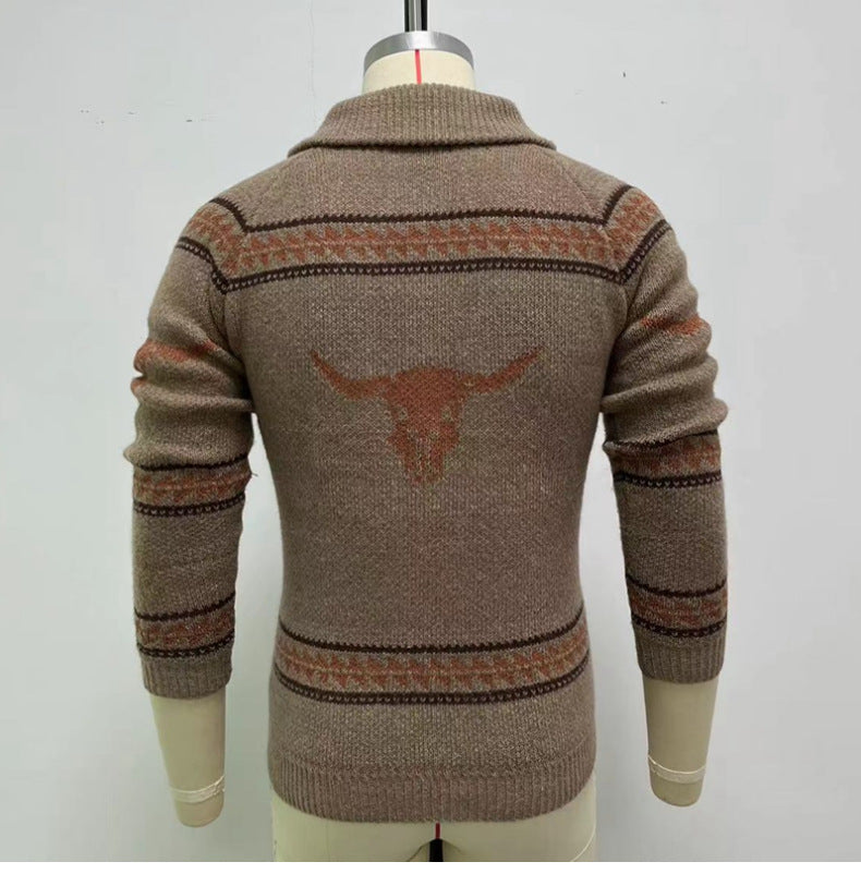 Ox Head Jacquard Weave Zip Knitted Sweater Coat