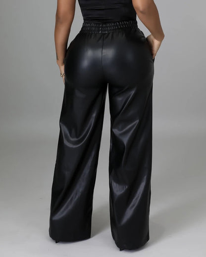 Women's Fashion Solid Color Loose Wide Leg Pocket PU Leather Pants