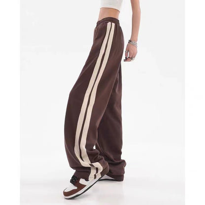 Brown American Retro Casual Pants Women's High Street Drawstring Velvet Padded Loose