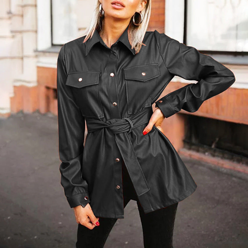 Woman with a leather shirt with lapel collar
