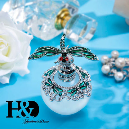H&D 40ml Fancy Empty Glass Perfume Bottle with Green Dragonfly Stopper Rhinestones Bejeweled Refillable Fragrance Container Gift