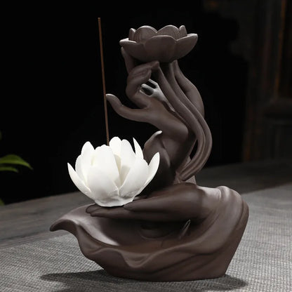 Buddha Hand Backflow Incense Burner Waterfall Incense Burner Lotus Holder Censer Fragrance Stand Ceramic Quemador Decoration