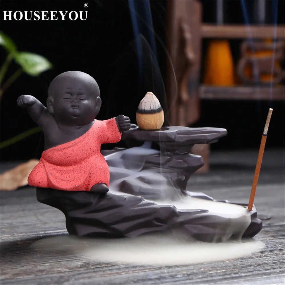 HOUSEEYOU 6 Kinds of Buddha Monk Backflow Incense Burner Stick Incense Holder Stand 2 in 1 Censer Perfume Flavor Spice Fragrance