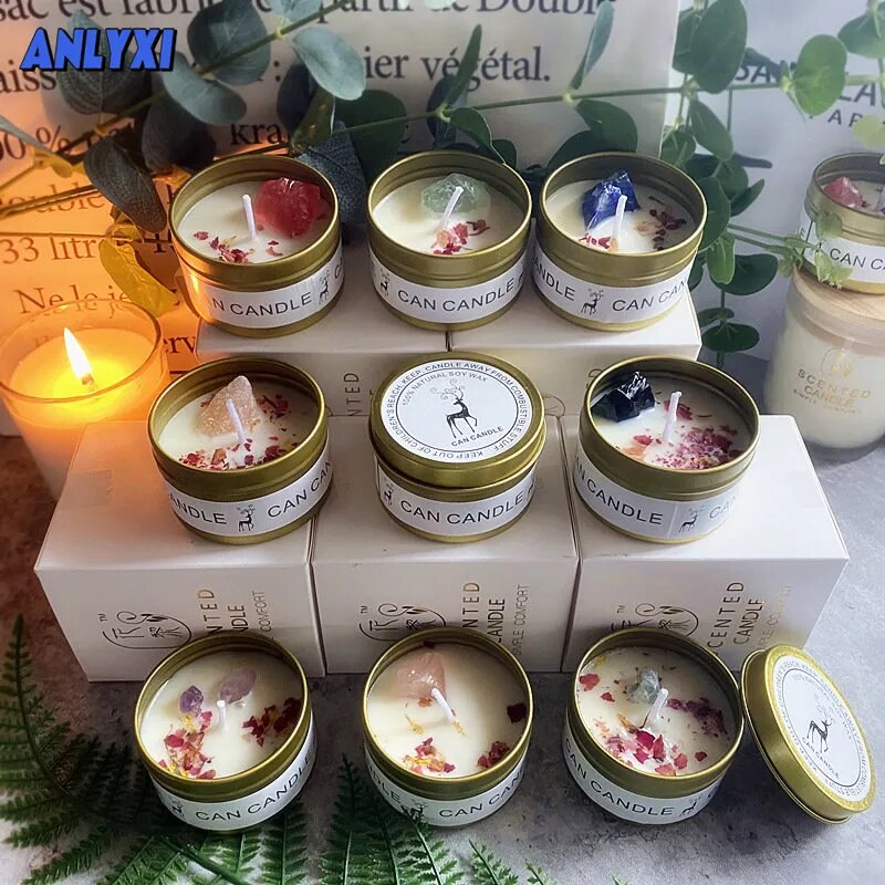 Scented Long Lasting Soy Candles Crystal Stone Dried Flower Fragrance Smokeless Fragrance Candle for Home Decorstion Candle Jar