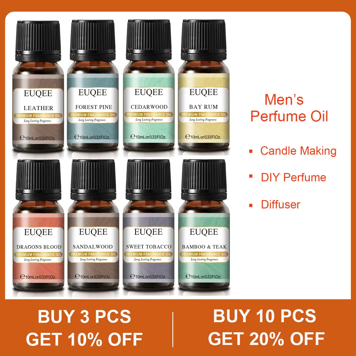 EUQEE Men's Perfume Premium Fragrance Oil 10ml Essential Oils for Aromatherapy Sweet Tobacco Leather Sandalwood,Car Diffuser