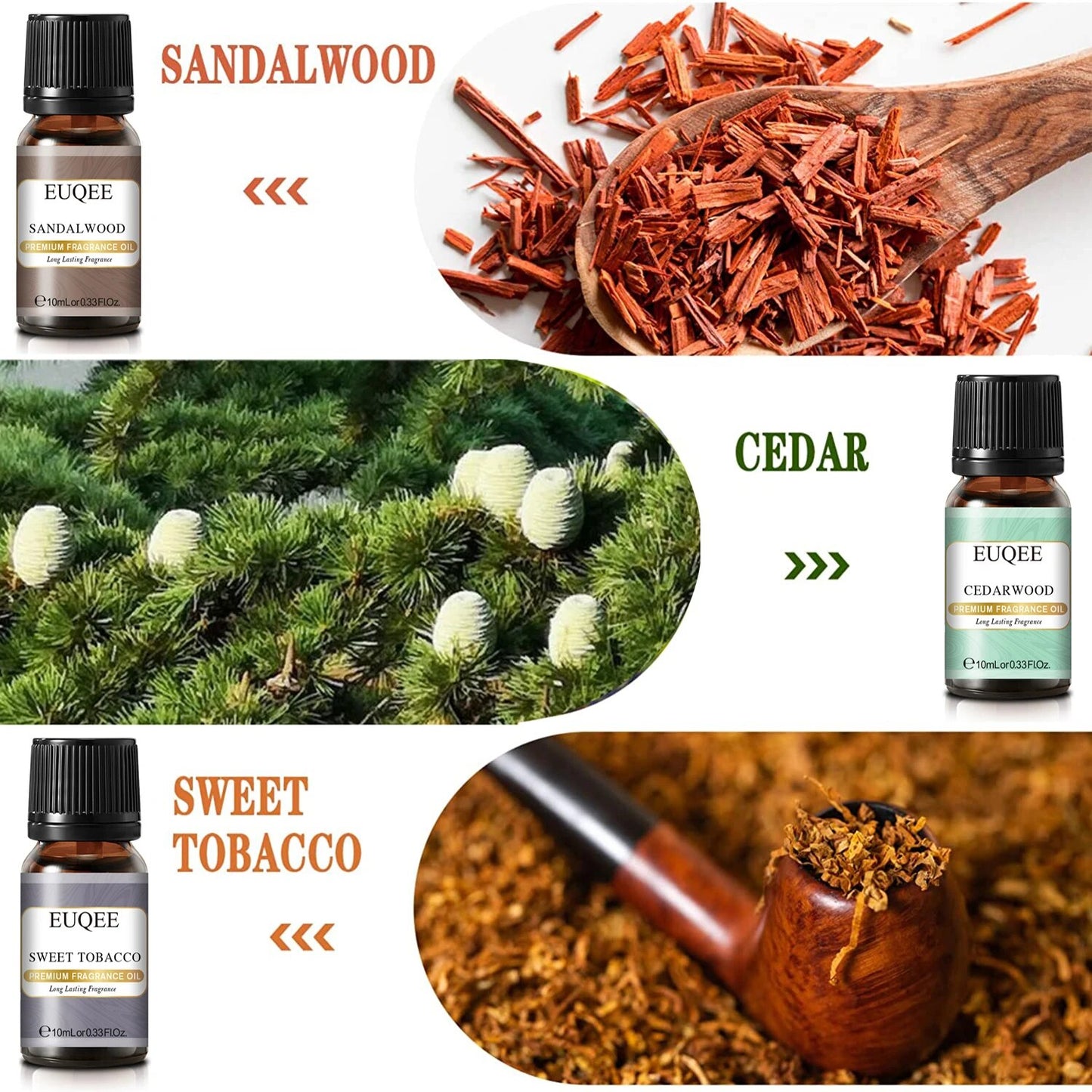 EUQEE 6PCS Fragrance Oil Set For Men-Leather Sweet Tobacco Dragons Blood Sandalwood Bay Rum Cedarwood Perfume Oils (6x10ML)