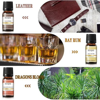 EUQEE 6PCS Fragrance Oil Set For Men-Leather Sweet Tobacco Dragons Blood Sandalwood Bay Rum Cedarwood Perfume Oils (6x10ML)