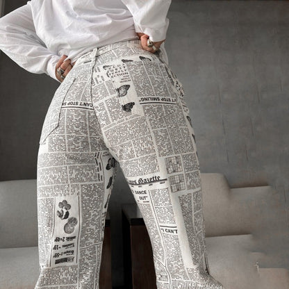 Woman Fashion Beige Print Straight Pants Patchwork Trousers